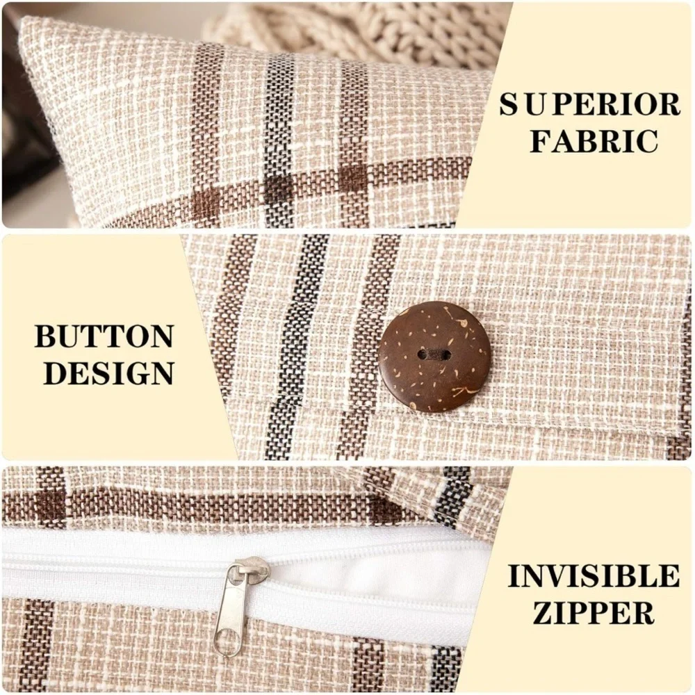 Farmhouse Plaid Linen Tan Cream Striped Button Throw Pillow Soft Decor Cover